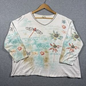 Jess & Jane Top Womens 3x White Dragonfly Floral Botanica AOP V Neck 3/4 Sleeve
